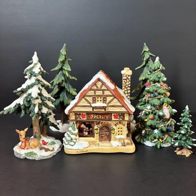 LOT 88: M.J. Hummel Holiday Village Bakery & Christmas Village Acessories
