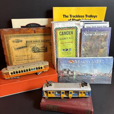 LOT 94: Vintage Putnam's Handy Map Book, Vintage Road Maps, Vintage Railway Share Plaque, HO Scale Boston Elevated Type 5 Streetcar,...