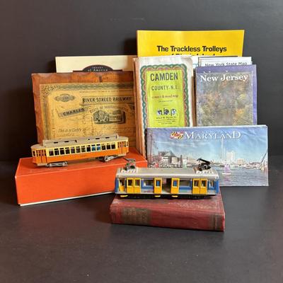 LOT 94: Vintage Putnam's Handy Map Book, Vintage Road Maps, Vintage Railway Share Plaque, HO Scale Boston Elevated Type 5 Streetcar,...