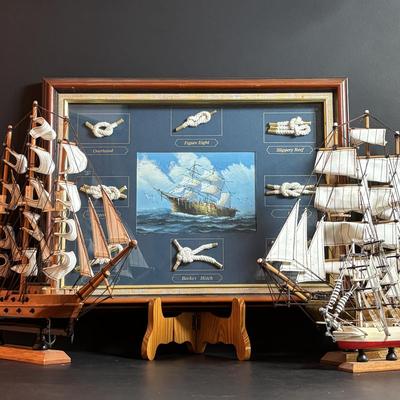 LOT 96: Nautical 8 Knot Maritime Shadow Box & 3 Model Wooden Ships