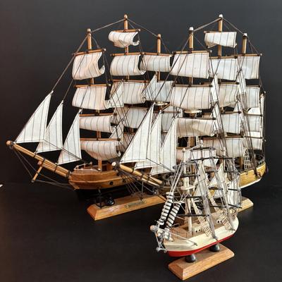 LOT 96: Nautical 8 Knot Maritime Shadow Box & 3 Model Wooden Ships