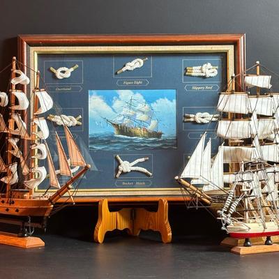 LOT 96: Nautical 8 Knot Maritime Shadow Box & 3 Model Wooden Ships
