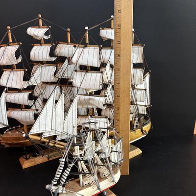 LOT 96: Nautical 8 Knot Maritime Shadow Box & 3 Model Wooden Ships