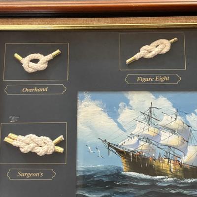LOT 96: Nautical 8 Knot Maritime Shadow Box & 3 Model Wooden Ships