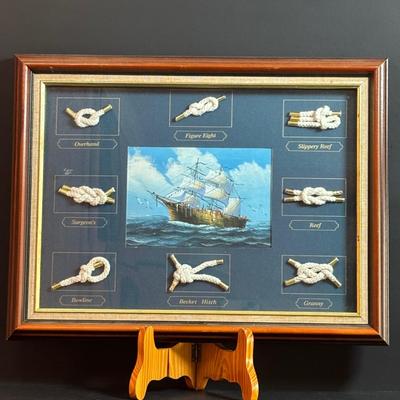 LOT 96: Nautical 8 Knot Maritime Shadow Box & 3 Model Wooden Ships