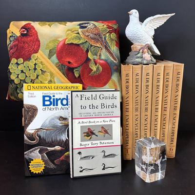 LOT 99: Audubon Nature Encyclopedia Volumes 1-12, Handmade Bird Wall Hanging Quilt, Crystal Hummingbird Paperweight & More