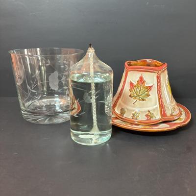 LOT 100: Holiday Entertaining Collection & More: Pfaltzgraff Winterberry Divided Platter, Princess House Ice Bucket & Oil Lamp,...