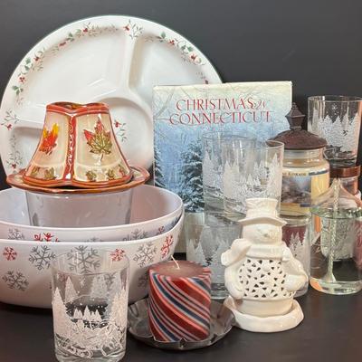 LOT 100: Holiday Entertaining Collection & More: Pfaltzgraff Winterberry Divided Platter, Princess House Ice Bucket & Oil Lamp,...