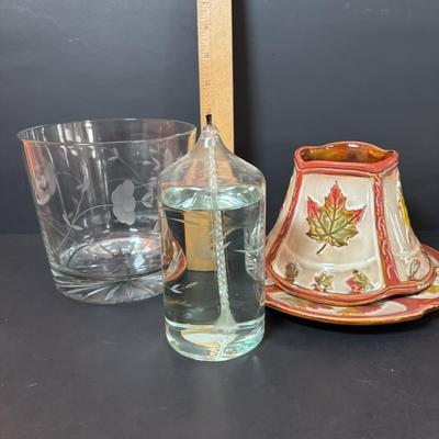 LOT 100: Holiday Entertaining Collection & More: Pfaltzgraff Winterberry Divided Platter, Princess House Ice Bucket & Oil Lamp,...