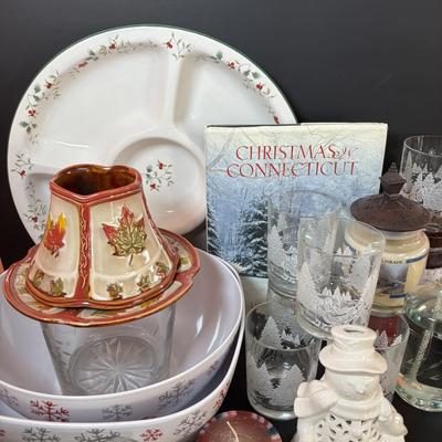 LOT 100: Holiday Entertaining Collection & More: Pfaltzgraff Winterberry Divided Platter, Princess House Ice Bucket & Oil Lamp,...