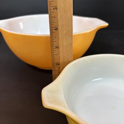 LOT 102: Vintage Pyrex Butterfly Gold Cinderella Mixing Bowls and Marigold Yellow Cinderella Casserole Dish
