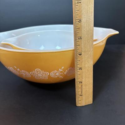 LOT 102: Vintage Pyrex Butterfly Gold Cinderella Mixing Bowls and Marigold Yellow Cinderella Casserole Dish