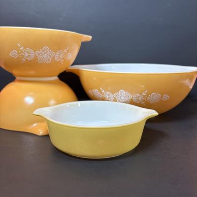 LOT 102: Vintage Pyrex Butterfly Gold Cinderella Mixing Bowls and Marigold Yellow Cinderella Casserole Dish