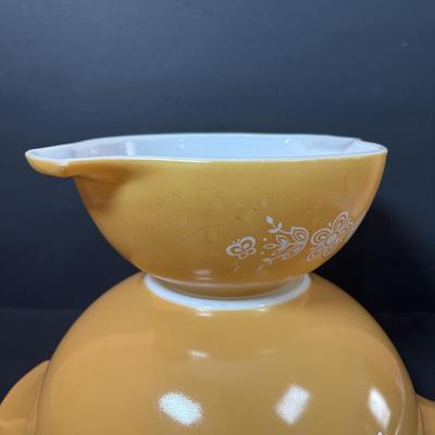 LOT 102: Vintage Pyrex Butterfly Gold Cinderella Mixing Bowls and Marigold Yellow Cinderella Casserole Dish