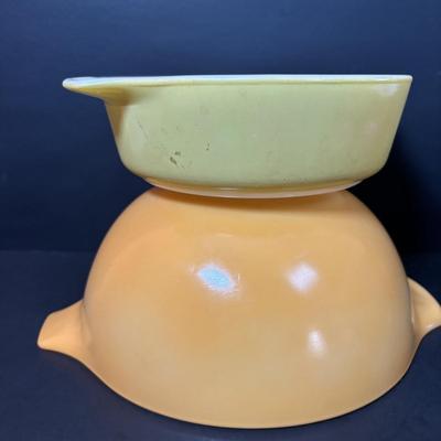 LOT 102: Vintage Pyrex Butterfly Gold Cinderella Mixing Bowls and Marigold Yellow Cinderella Casserole Dish