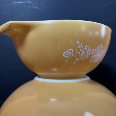 LOT 102: Vintage Pyrex Butterfly Gold Cinderella Mixing Bowls and Marigold Yellow Cinderella Casserole Dish