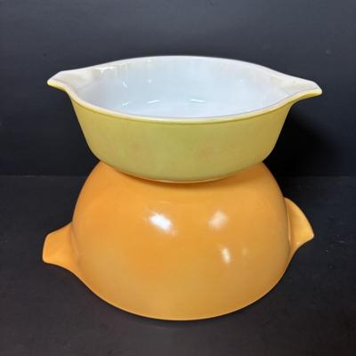 LOT 102: Vintage Pyrex Butterfly Gold Cinderella Mixing Bowls and Marigold Yellow Cinderella Casserole Dish