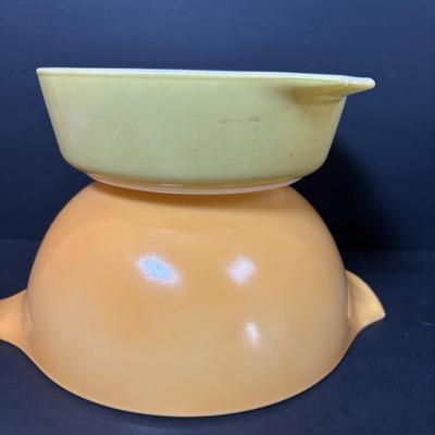 LOT 102: Vintage Pyrex Butterfly Gold Cinderella Mixing Bowls and Marigold Yellow Cinderella Casserole Dish
