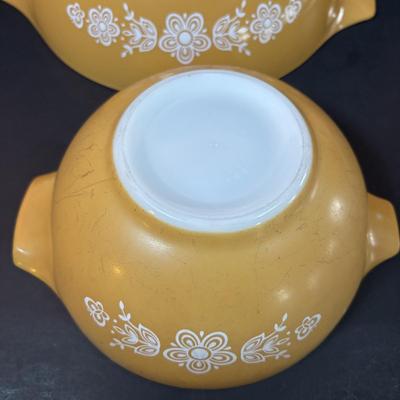 LOT 102: Vintage Pyrex Butterfly Gold Cinderella Mixing Bowls and Marigold Yellow Cinderella Casserole Dish