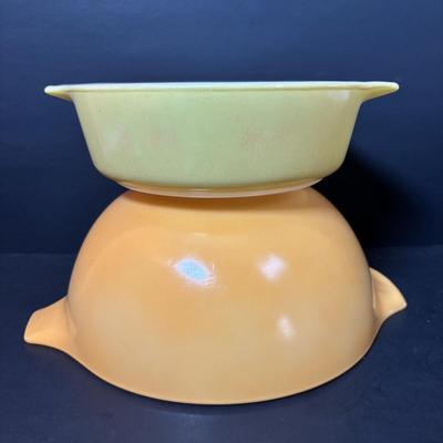 LOT 102: Vintage Pyrex Butterfly Gold Cinderella Mixing Bowls and Marigold Yellow Cinderella Casserole Dish