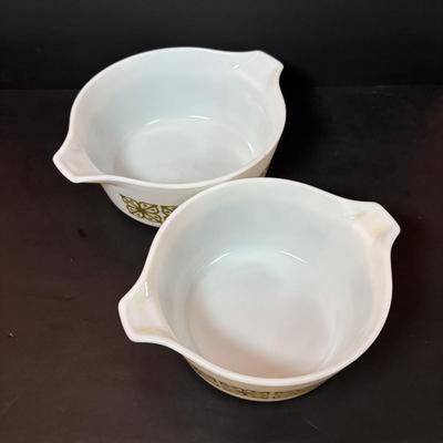 LOT 103: Vintage Pyrex Green Autumn Floral Verde Cinderella Casserole Dishes