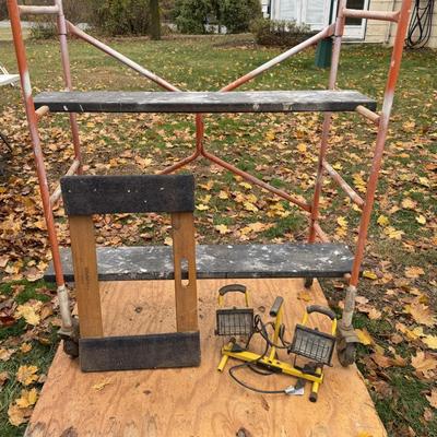 LOT 110: Scaffolding, Furniture Dolly, Dual Shop Light