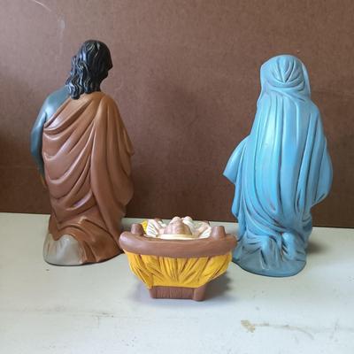 LOT 116: Vintage Bisque Pottery Nativity Figurines, Art Glass Ornaments, Glass Bells & More