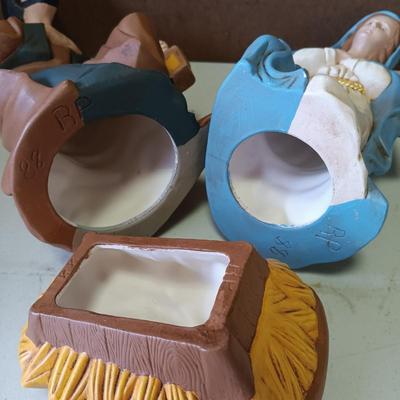 LOT 116: Vintage Bisque Pottery Nativity Figurines, Art Glass Ornaments, Glass Bells & More