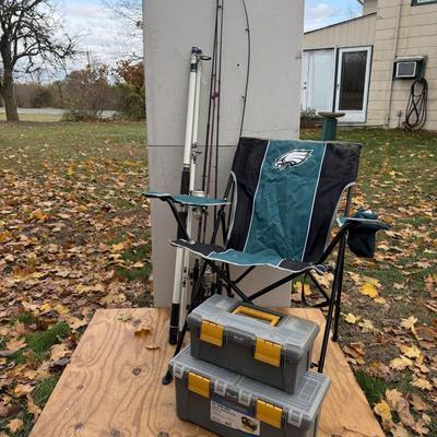LOT 132 - Fishing Pole Lot w/ Philadelphia Eagles Chair & Tackle Boxes