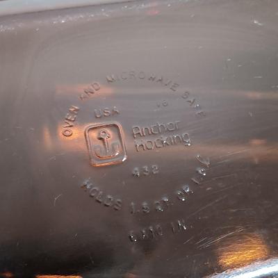 LOT 164: Vintage Pyrex and Anchor Hawking Brown Glass Cookware with Pyrex Small Clear Casserole Dish