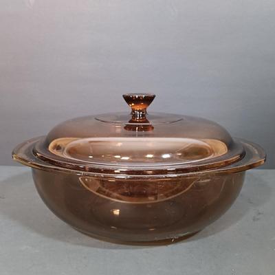 LOT 164: Vintage Pyrex and Anchor Hawking Brown Glass Cookware with Pyrex Small Clear Casserole Dish