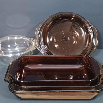 LOT 164: Vintage Pyrex and Anchor Hawking Brown Glass Cookware with Pyrex Small Clear Casserole Dish