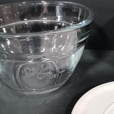 LOT 165: The Pampered Chef Apple Peeler and Prep Bowls with Nantucket Pie Plate, Fire King Measuring Cup & More