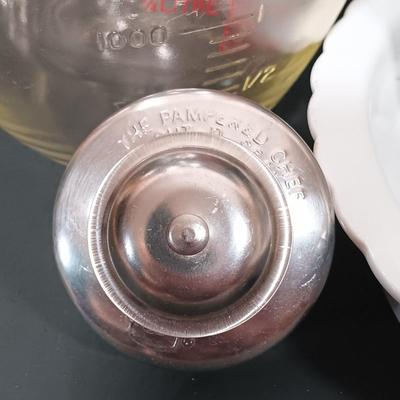 LOT 165: The Pampered Chef Apple Peeler and Prep Bowls with Nantucket Pie Plate, Fire King Measuring Cup & More