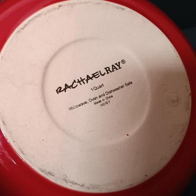 LOT 166: Rachel Ray Orange Casserole Dishes and Red Mixing Bowls with Cordon Bleu Platter