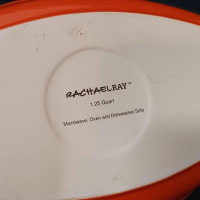 LOT 166: Rachel Ray Orange Casserole Dishes and Red Mixing Bowls with Cordon Bleu Platter