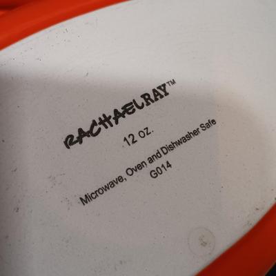 LOT 166: Rachel Ray Orange Casserole Dishes and Red Mixing Bowls with Cordon Bleu Platter