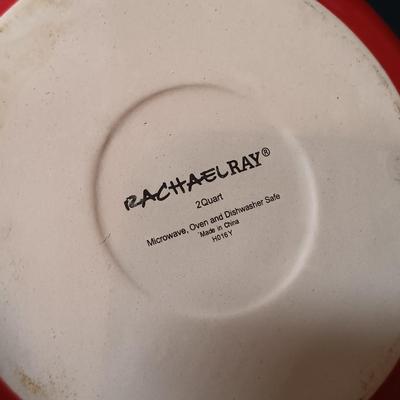LOT 166: Rachel Ray Orange Casserole Dishes and Red Mixing Bowls with Cordon Bleu Platter