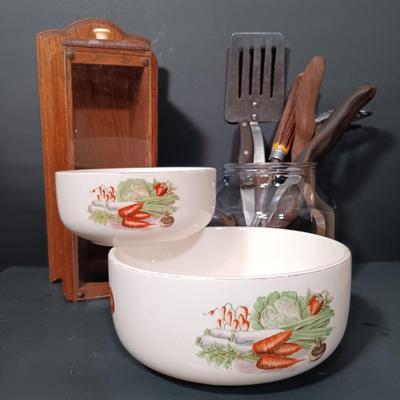 LOT 168: Vintage Veggie Nesting Bowls, Cutco Kitchen Utensils, Wooden Dixie Cup Dispenser & More