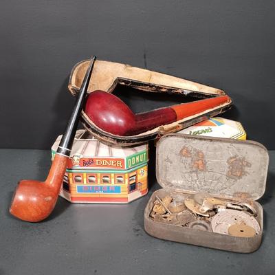 LOT 169: Medico Medalist Pipe, Watch Parts, Ian Logan's Filling Stations Tins & More