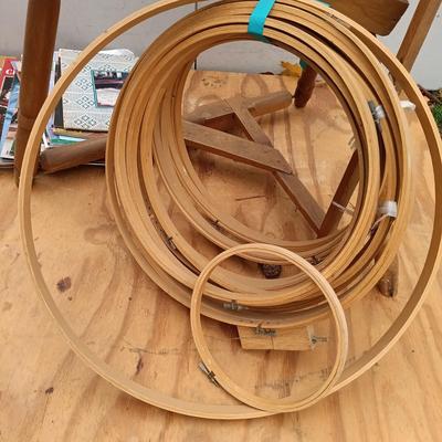 LOT 171: Vintage Spinning Wheel with Embroidery Hoops, Sewing Notions & More