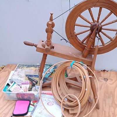 LOT 171: Vintage Spinning Wheel with Embroidery Hoops, Sewing Notions & More