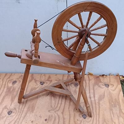 LOT 171: Vintage Spinning Wheel with Embroidery Hoops, Sewing Notions & More