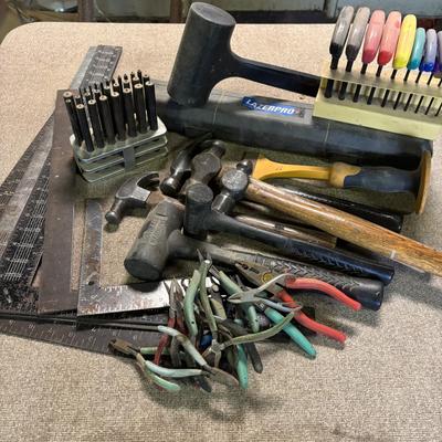 LOT 229: Misc Tool Lot: Pliers, Hammers, Punches, Squares, T-Handle Hex Key Set, Mallets Lazer Pro Level