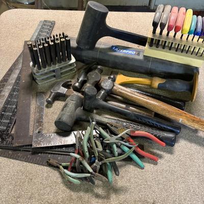 LOT 229: Misc Tool Lot: Pliers, Hammers, Punches, Squares, T-Handle Hex Key Set, Mallets Lazer Pro Level