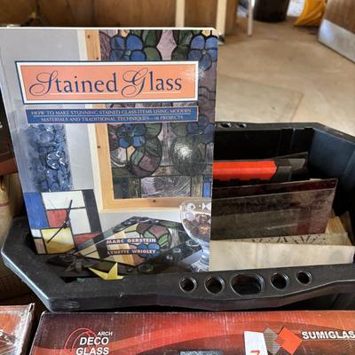 LOT 232: Art Glass & Stained-Glass Supplies: Arch Deco Glass Squares, Wizling Glass Grinder and Tool Tote w/Glass Pieces