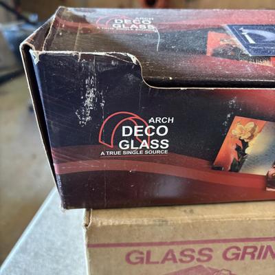 LOT 232: Art Glass & Stained-Glass Supplies: Arch Deco Glass Squares, Wizling Glass Grinder and Tool Tote w/Glass Pieces