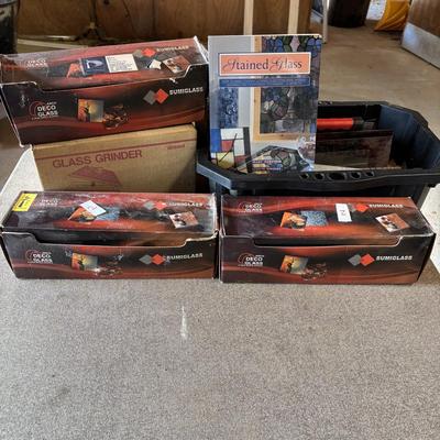 LOT 232: Art Glass & Stained-Glass Supplies: Arch Deco Glass Squares, Wizling Glass Grinder and Tool Tote w/Glass Pieces