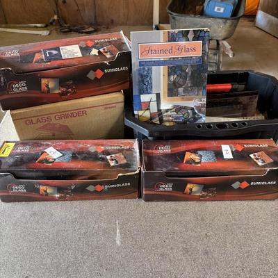 LOT 232: Art Glass & Stained-Glass Supplies: Arch Deco Glass Squares, Wizling Glass Grinder and Tool Tote w/Glass Pieces