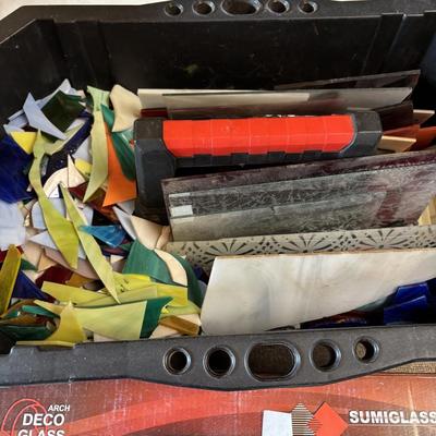 LOT 232: Art Glass & Stained-Glass Supplies: Arch Deco Glass Squares, Wizling Glass Grinder and Tool Tote w/Glass Pieces